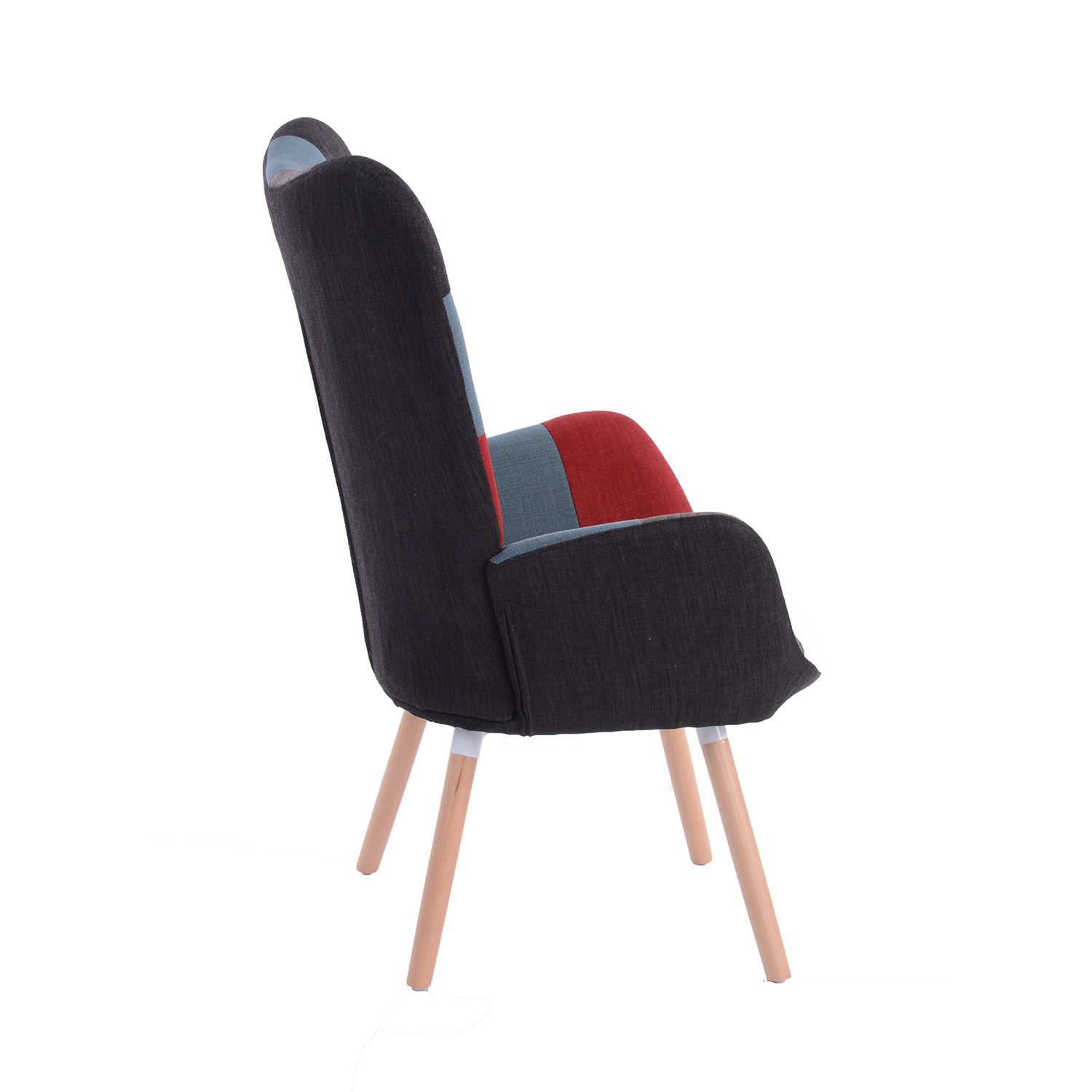 Scandinavian armchair with armrests in patchwork fabric with topstitching - FUNKEL