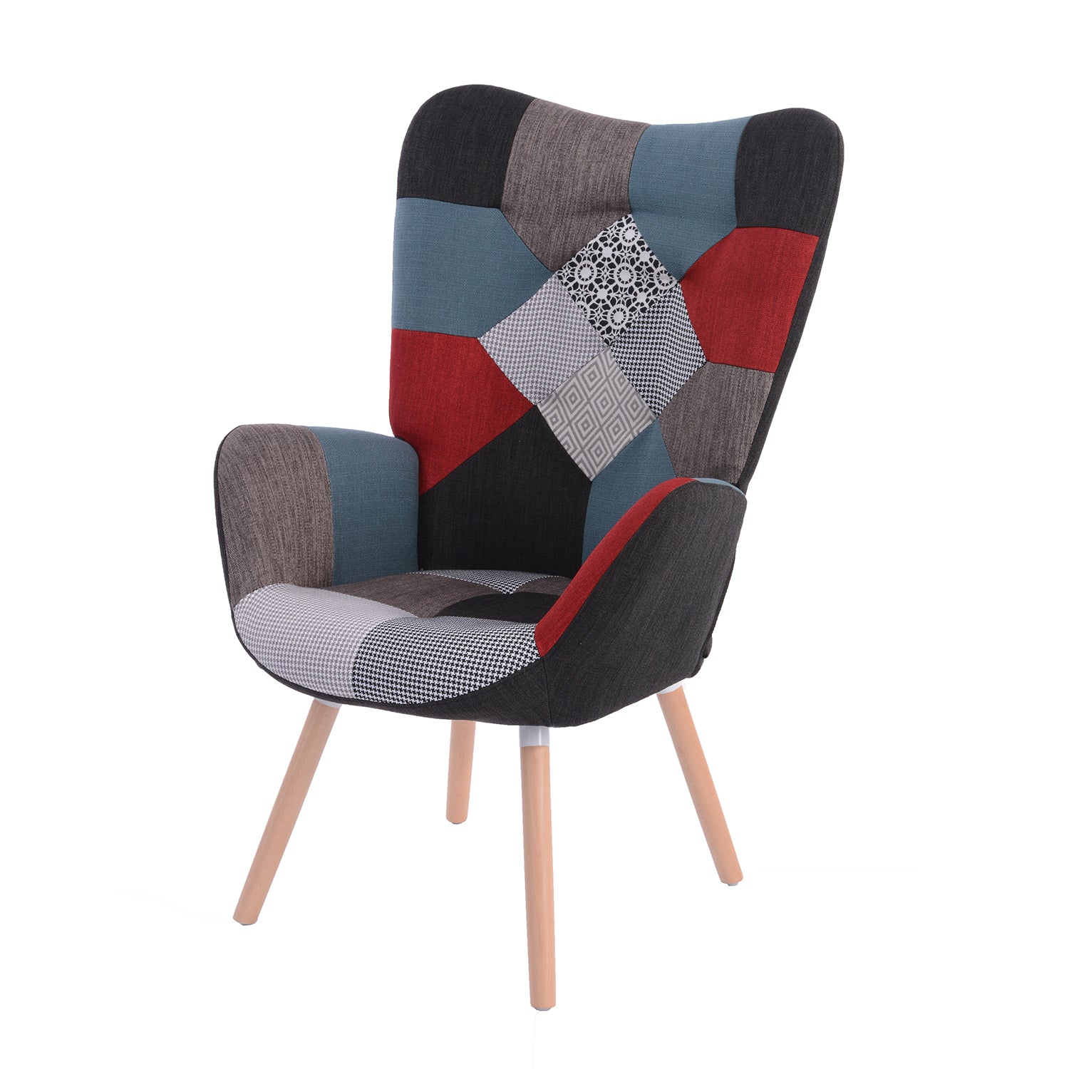 Sillón escandinavo con reposabrazos en tejido patchwork con pespuntes - FUNKEL