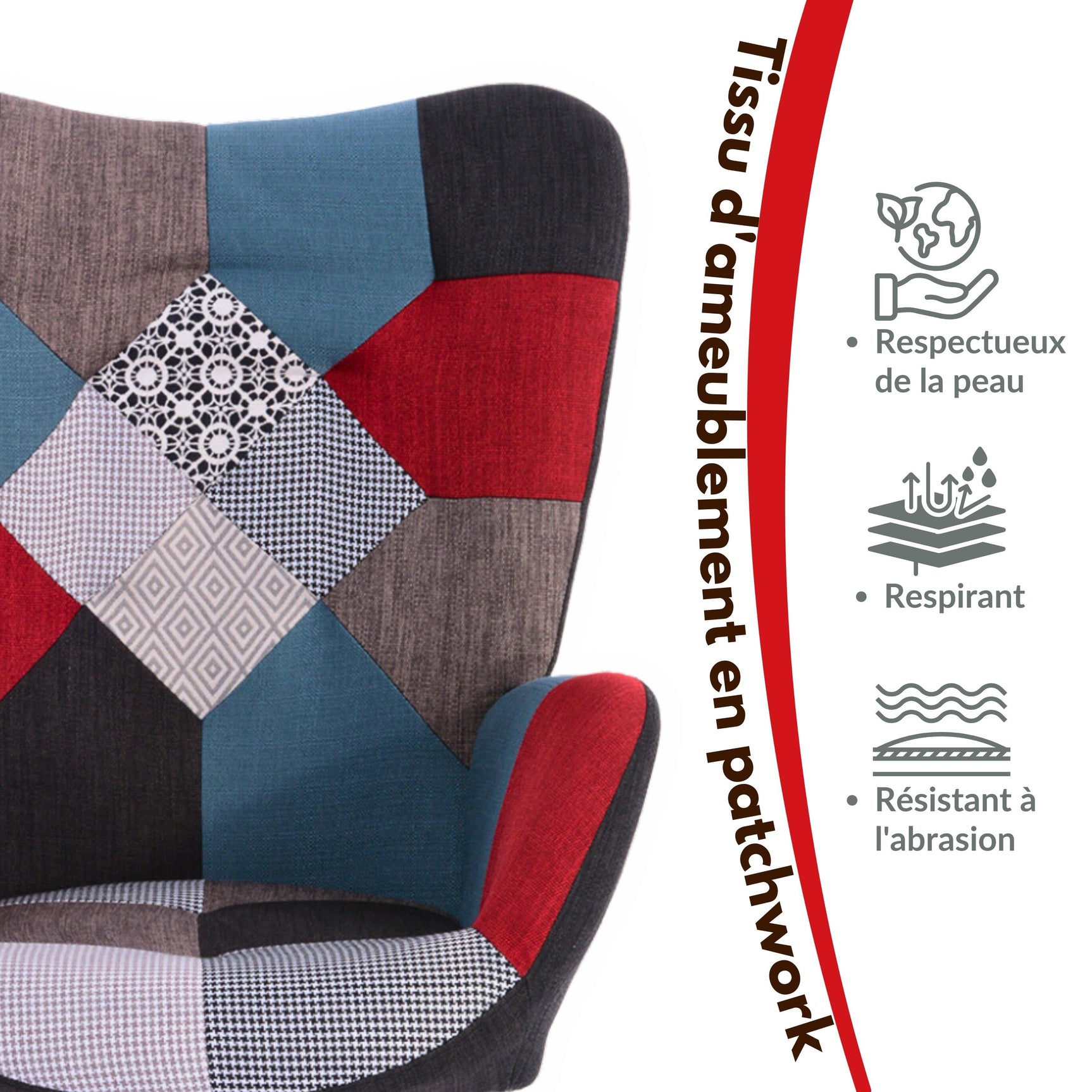 Sillón escandinavo con reposabrazos en tejido patchwork con pespuntes - FUNKEL