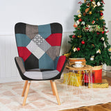 Scandinavian armchair, comfortable sofa chair in patchwork fabric with stitched back - FUNKEL PATCHWORK NATURE WOOD LEG