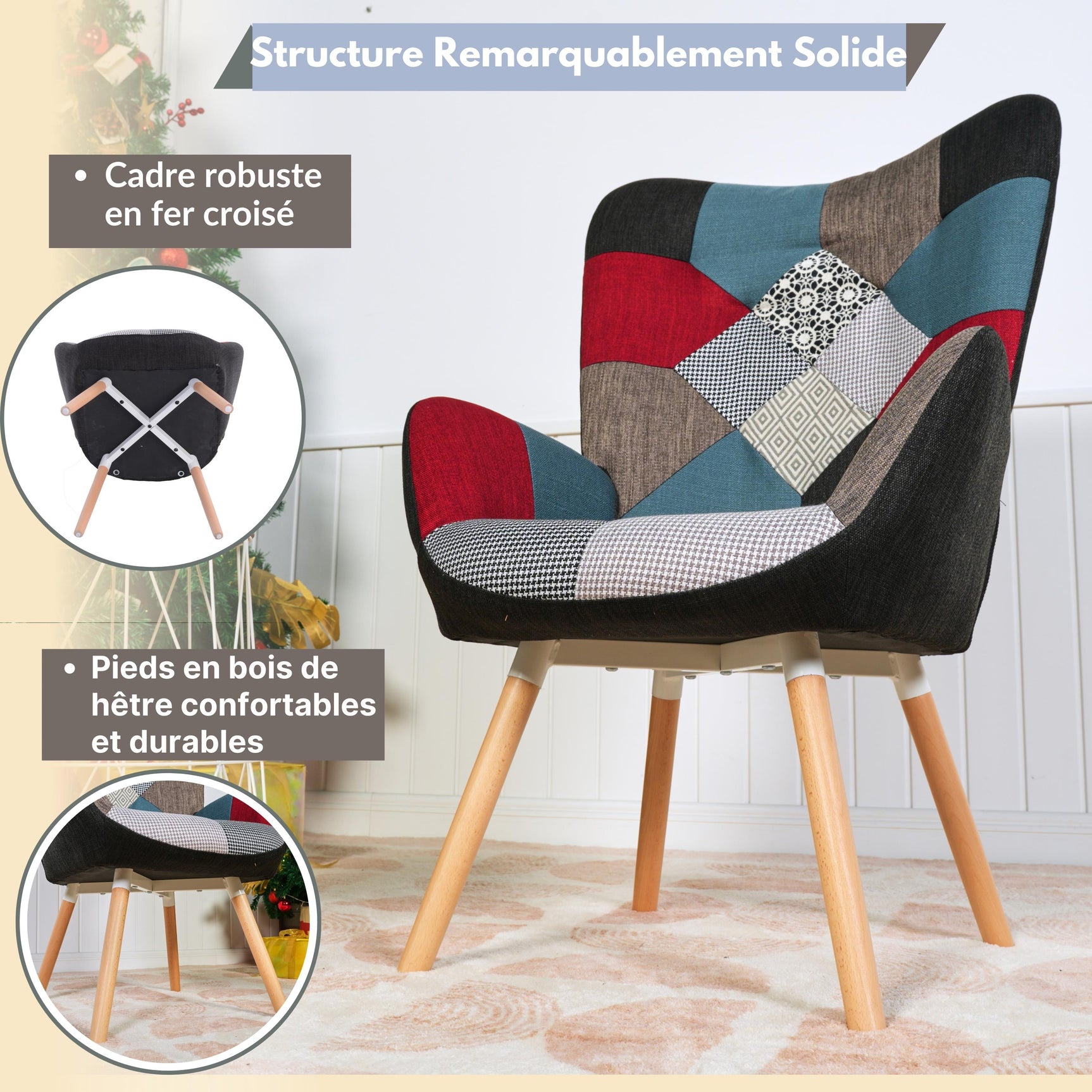 Scandinavian armchair with armrests in patchwork fabric with topstitching - FUNKEL