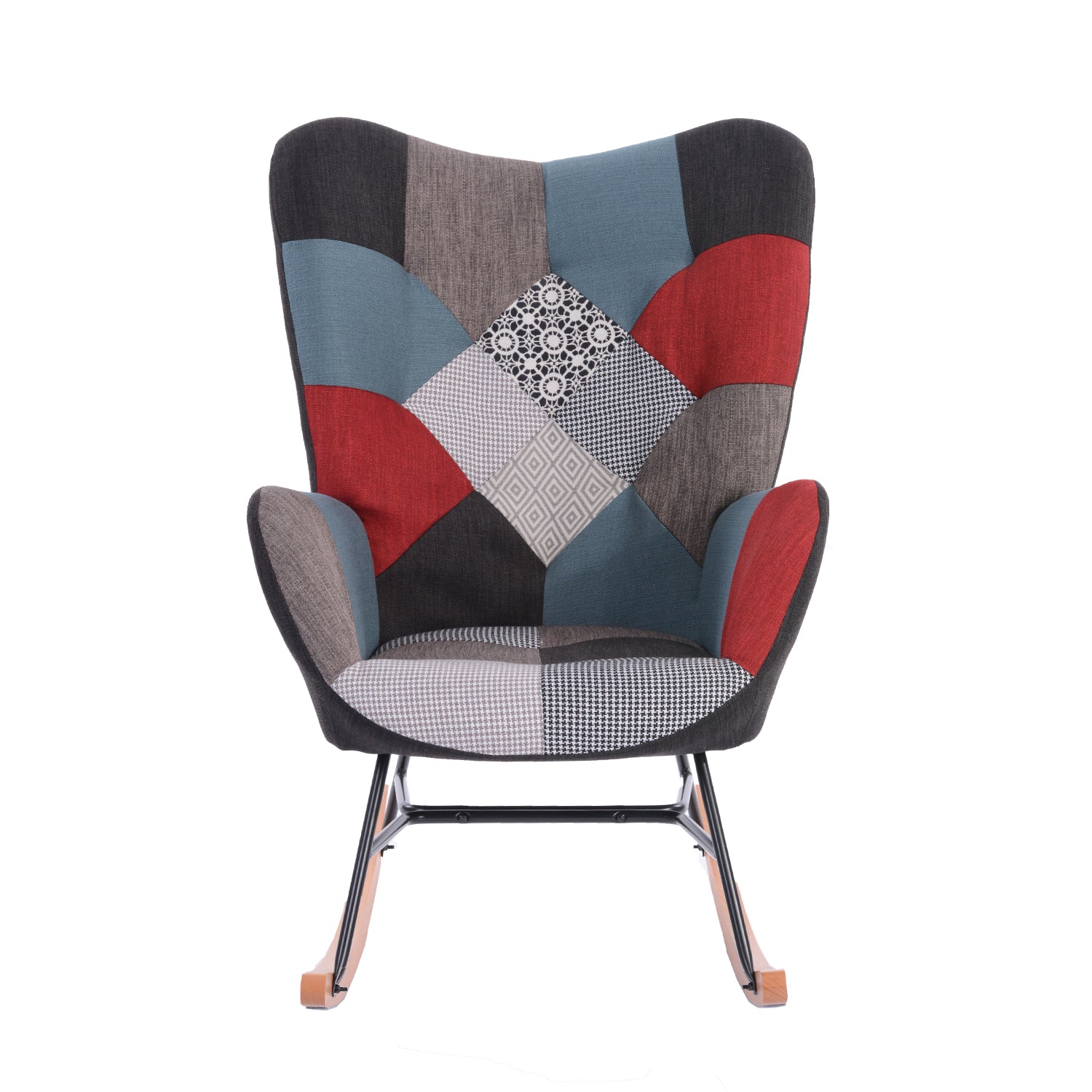 Scandinavian nursing rocking chair with armrests in stitched patchwork fabric - FUNKEL