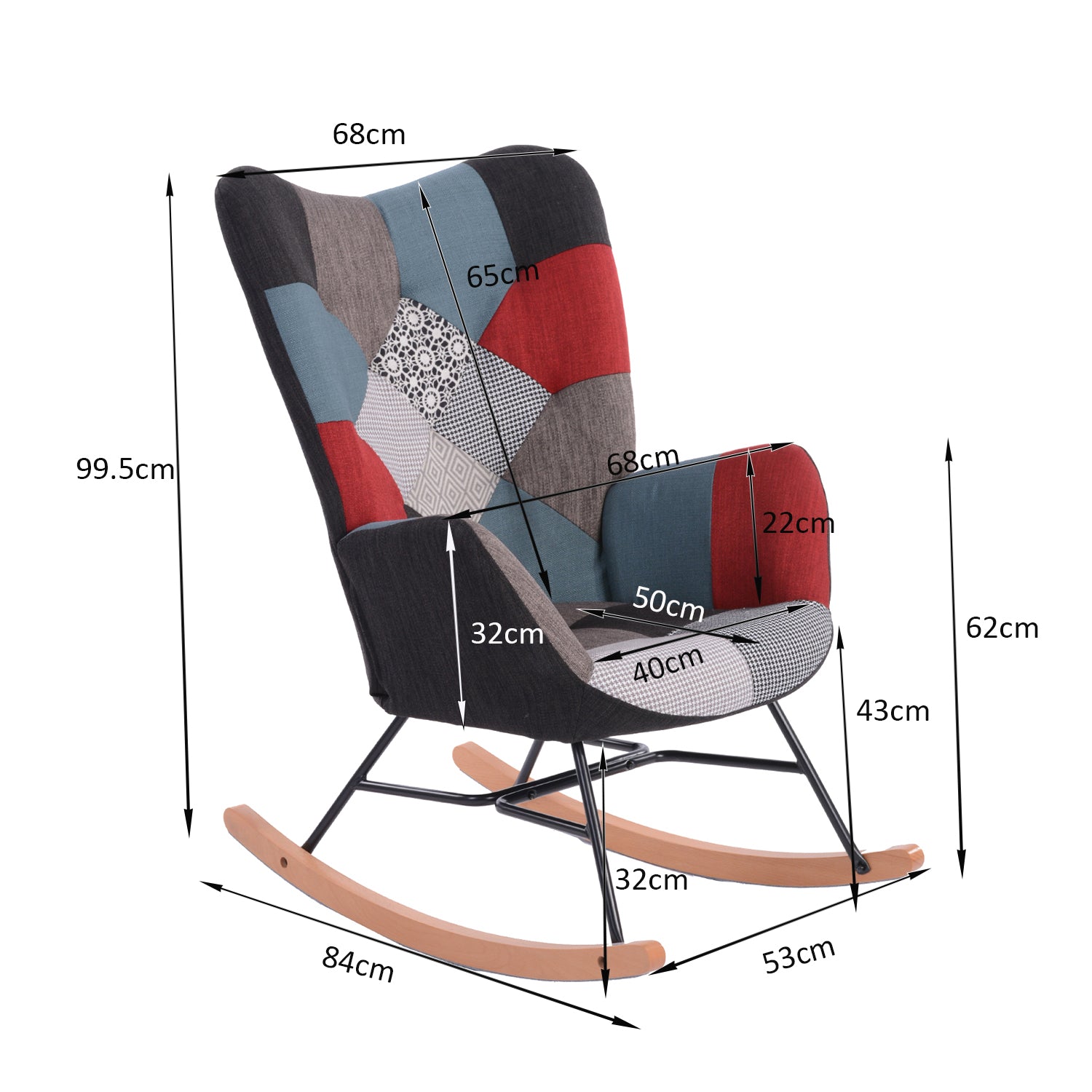 Scandinavian nursing rocking chair with armrests in stitched patchwork fabric - FUNKEL