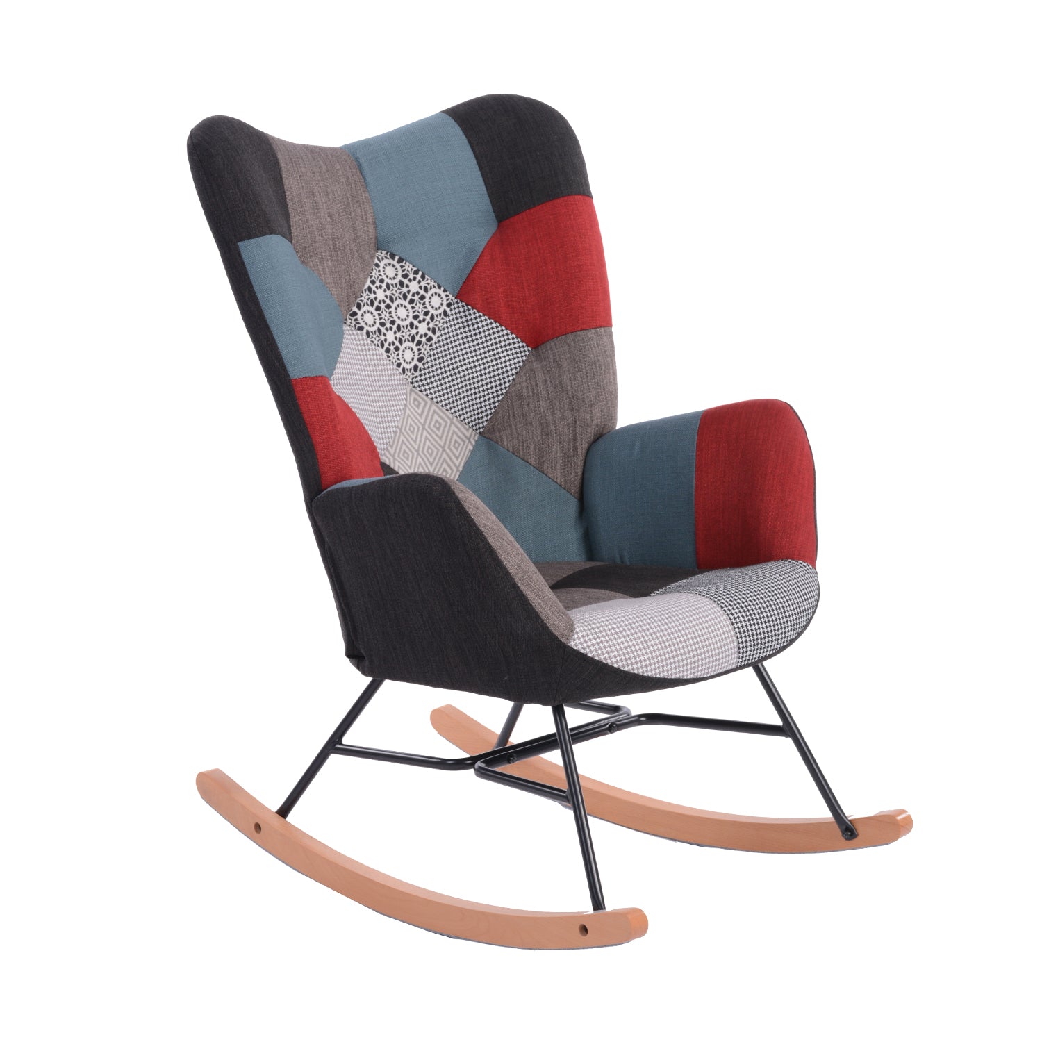 Scandinavian nursing rocking chair with armrests in stitched patchwork fabric - FUNKEL