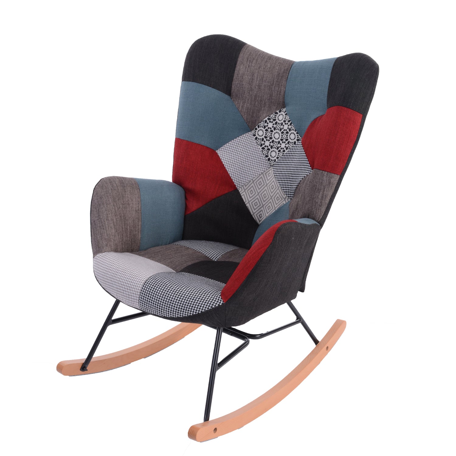 Fauteuil à bascule allaitement scandinave avec accoudoirs en tissu patchwork à surpiqûres - FUNKEL