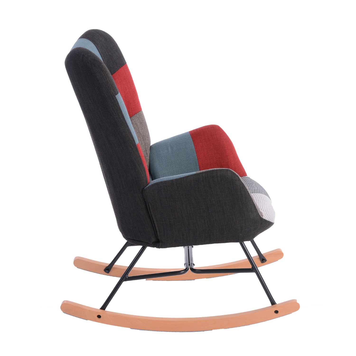 Fauteuil à bascule allaitement scandinave avec accoudoirs en tissu patchwork à surpiqûres - FUNKEL