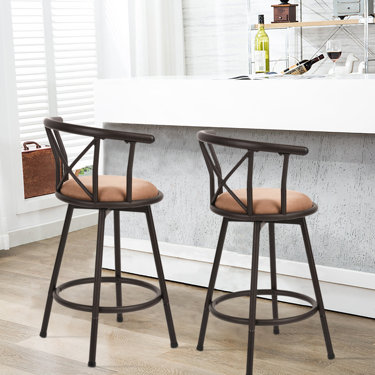 Lot de 4 tabourets de bar cuisine style industriel avec pieds en métal couleur moka, assise 360° et repose pieds - HAILEY 24 INCH BROWN 4PCS