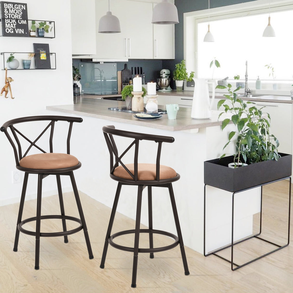 Juego de 4 taburetes de bar de cocina de estilo industrial con patas de metal negro, asiento 360° y reposapiés - HAILEY 24 INCH BROWN 4PCS