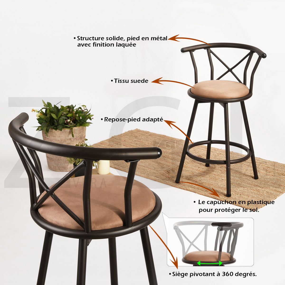 Juego de 4 taburetes de bar de cocina de estilo industrial con patas de metal negro, asiento 360° y reposapiés - HAILEY 24 INCH BROWN 4PCS