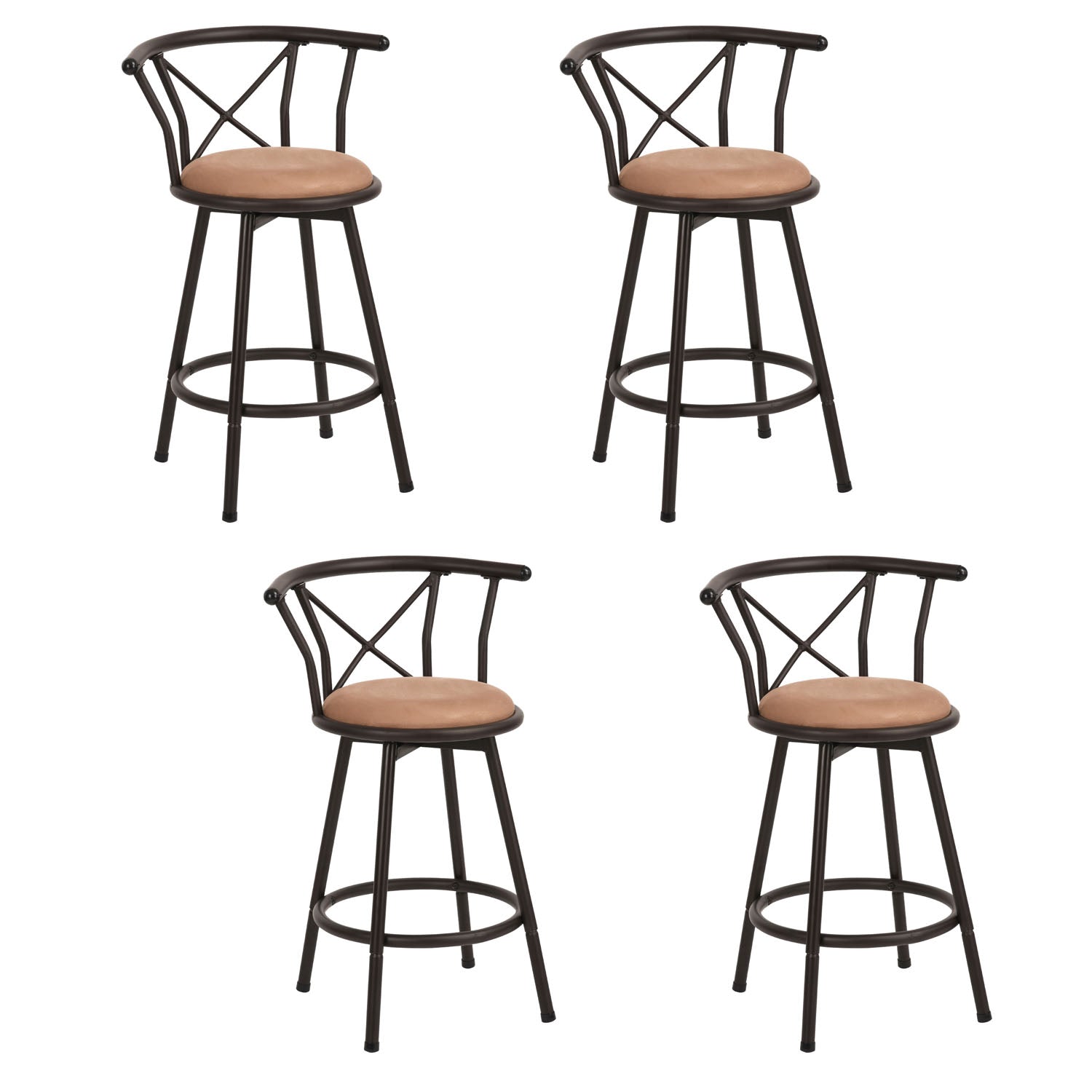 Lot de 4 tabourets de bar cuisine style industriel avec pieds en métal couleur moka, assise 360° et repose pieds - HAILEY 24 INCH BROWN 4PCS