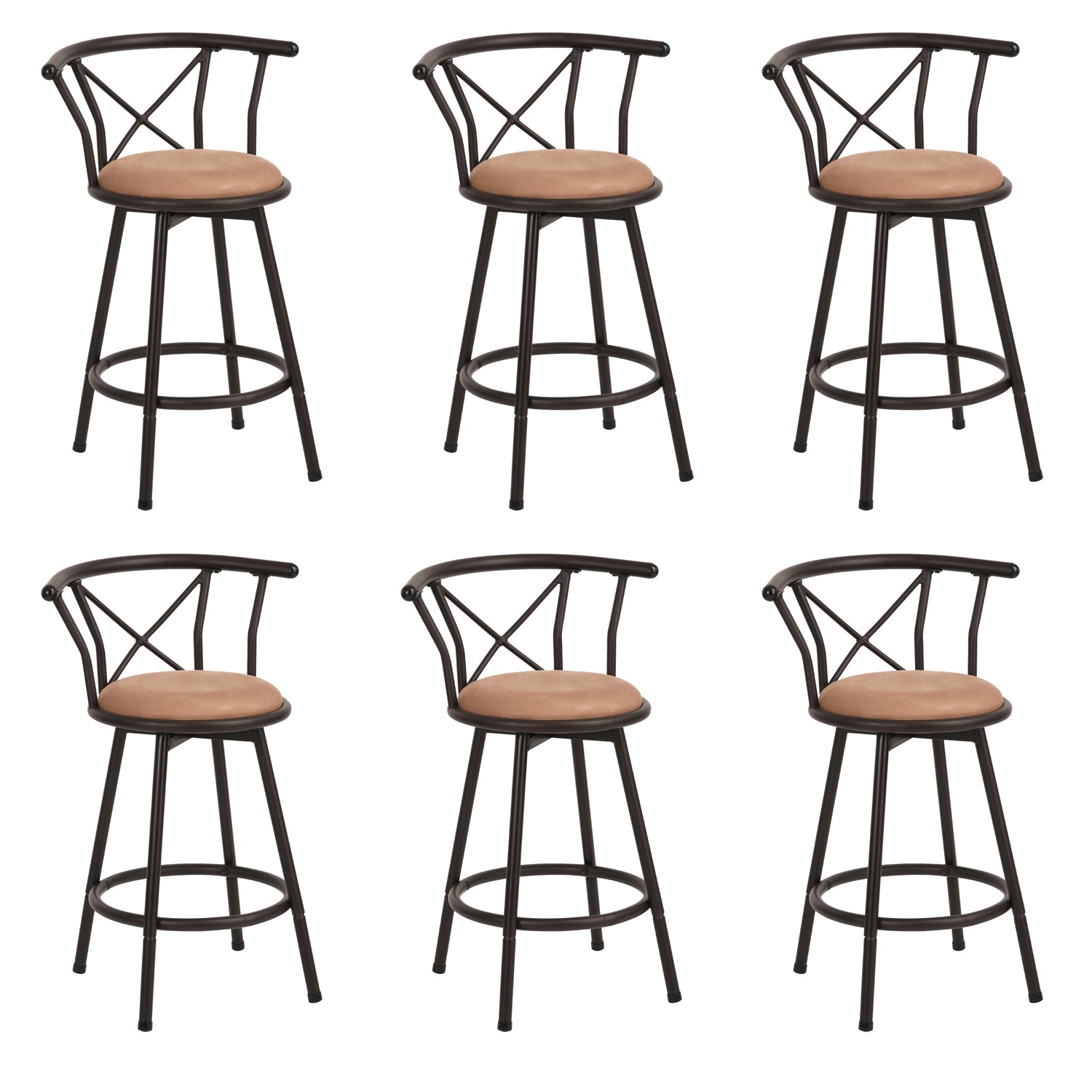 Lot de 6 tabourets de bar cuisine style industriel avec pieds en métal couleur moka, assise 360° et repose pieds  - HAILEY 24 INCH BROWN 6PCS