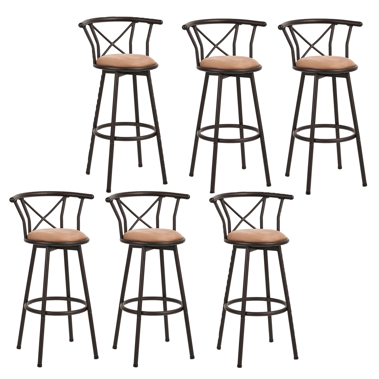 Lot de 6 tabourets de bar cuisine style industriel avec pieds en métal couleur moka, assise 360° et repose pieds - HAILEY 29 INCH BROWN 6PCS