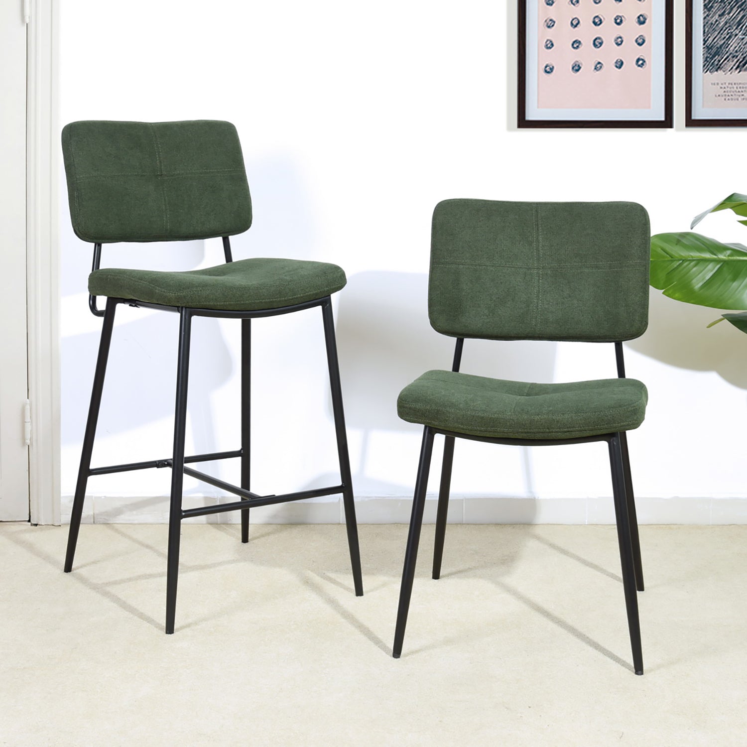 Lot de 4 tabourets de bar rétro en tissu vert, chaises hautes confortables industriel moderne - INDEPENDENCE BAR BOUTON 4PCS