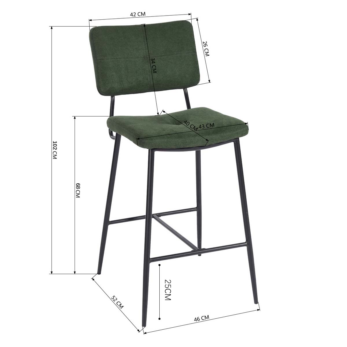 Set of 2 retro bar stools in green fabric, modern industrial comfortable high chairs - INDEPENDENCE BAR BOUTON