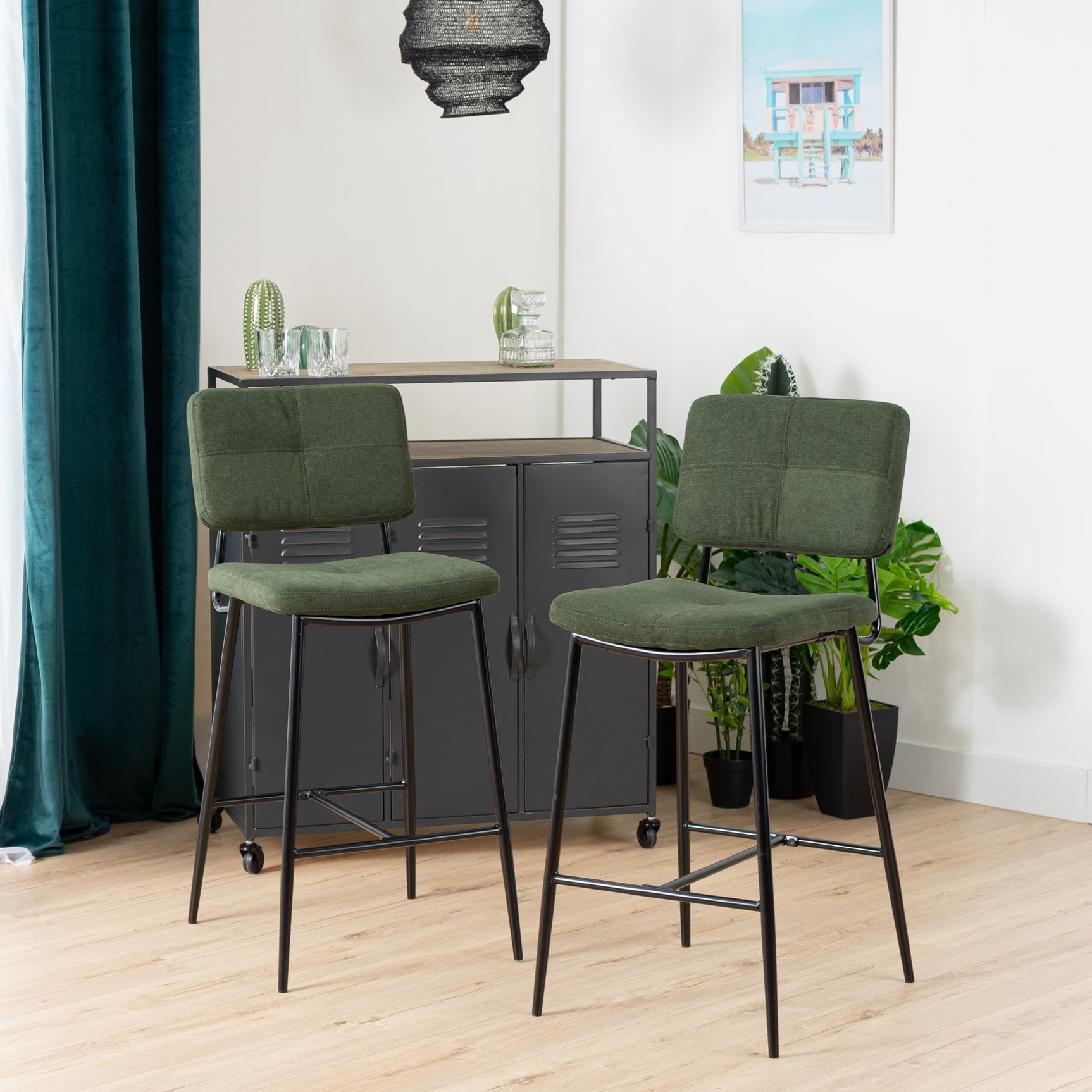 Set of 2 retro bar stools in green fabric, modern industrial comfortable high chairs - INDEPENDENCE BAR BOUTON