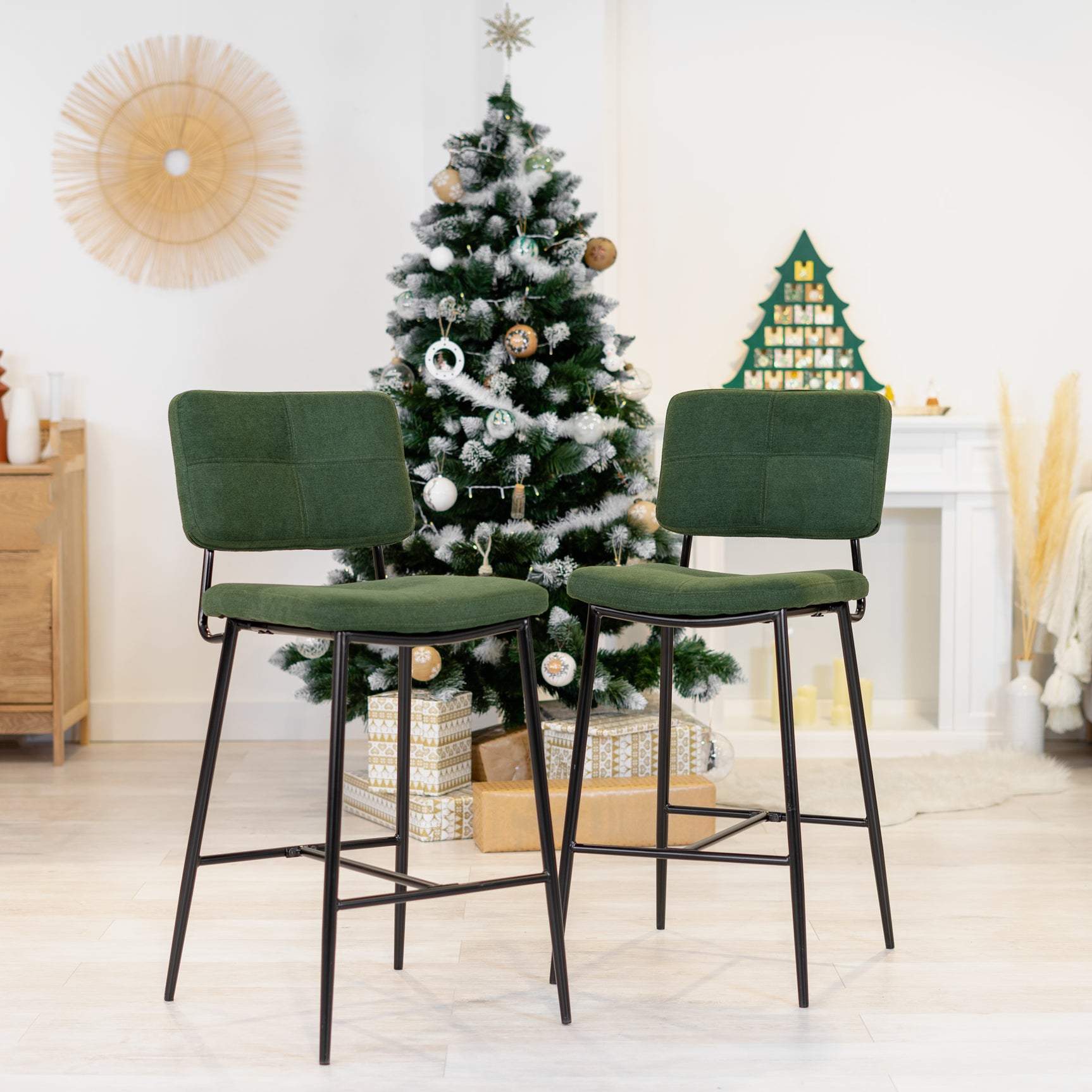 Set of 2 retro bar stools in green fabric, modern industrial comfortable high chairs - INDEPENDENCE BAR BOUTON