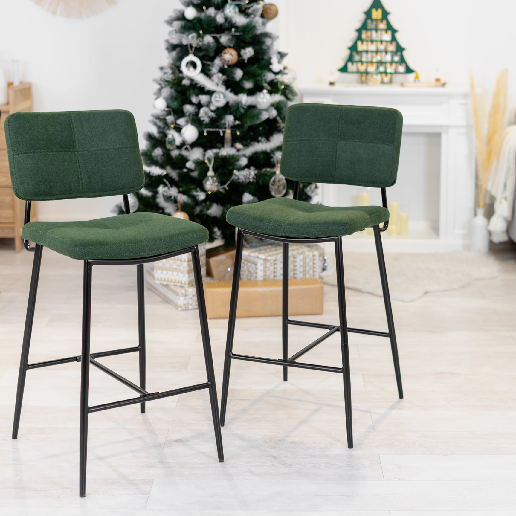 Set of 2 retro bar stools in green fabric, modern industrial comfortable high chairs - INDEPENDENCE BAR BOUTON