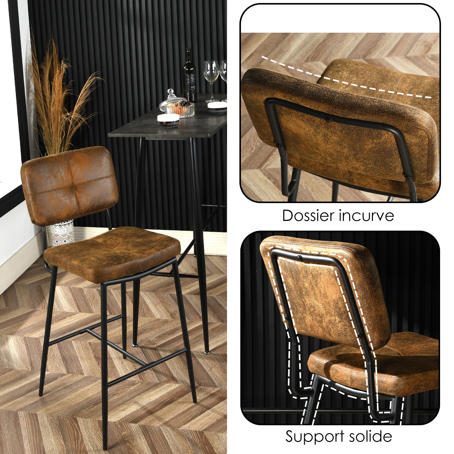 Set of 2 industrial bar stools in suede, black metal legs and footrest - INDEPENDENCE BAR BOUTON SUEDE DC