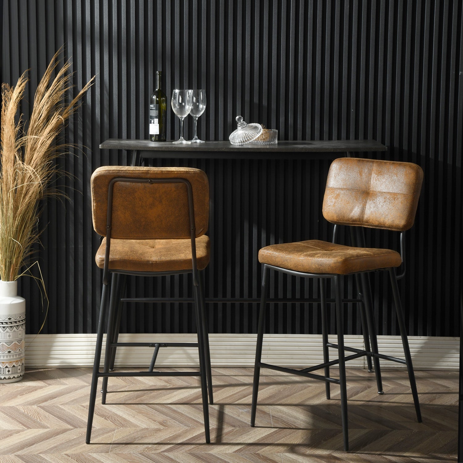 Set of 2 industrial bar stools in suede, black metal legs and footrest - INDEPENDENCE BAR BOUTON SUEDE DC