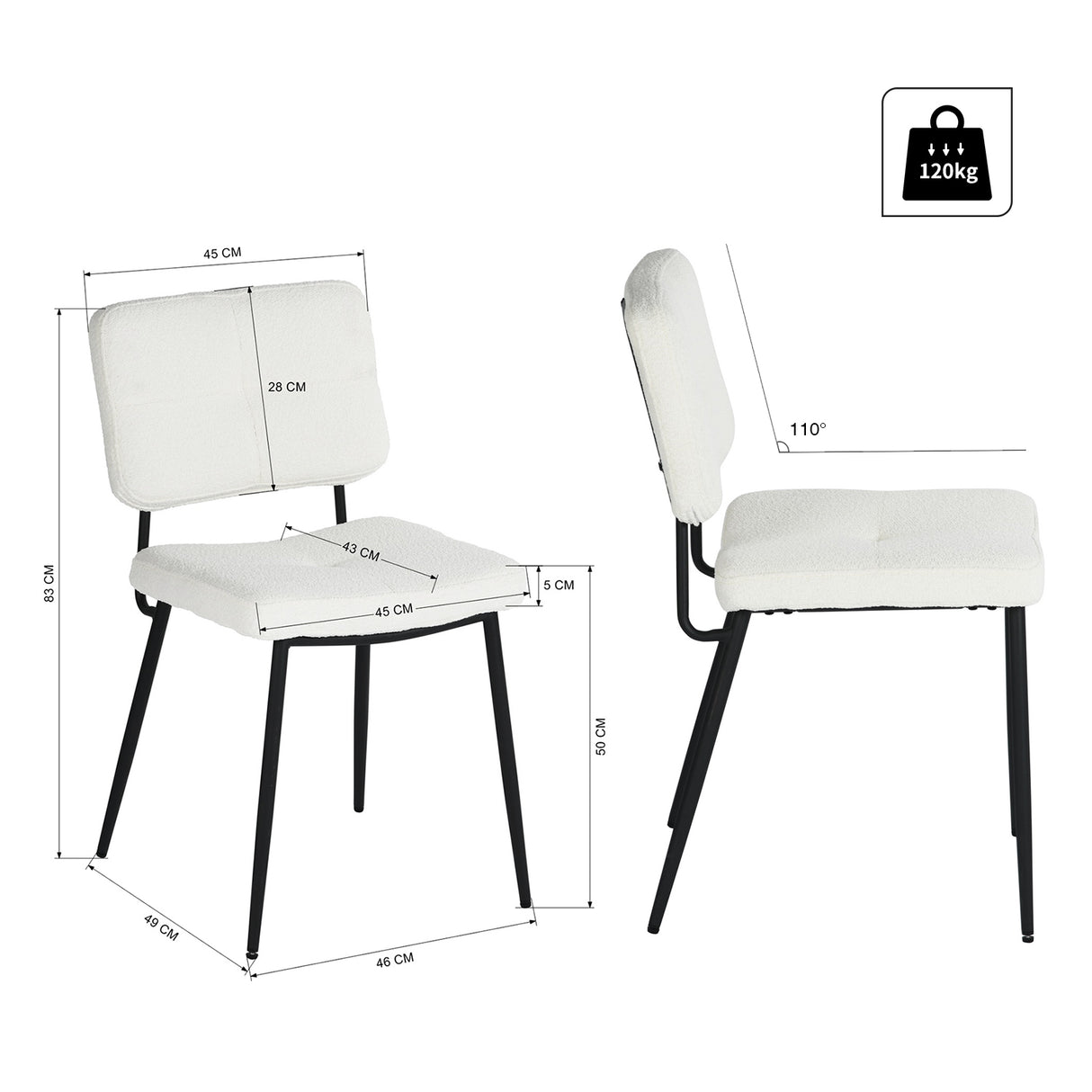 Lot de 2 chaises de salle à manger en tissu bouclette imitation peau de mouton, design moderne et confortable, pieds en métal noir - KAROMI CREAM