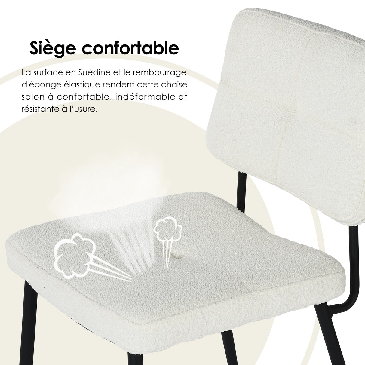 Lot de 4 chaises de salle à manger en tissu bouclette imitation peau de mouton, design moderne et confortable, pieds en métal noir - KAROMI CREAM 4PCS