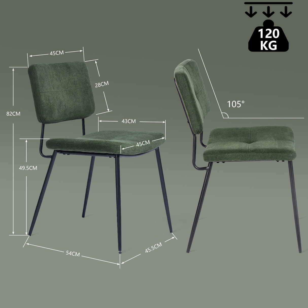 Lot de 2 chaises rétro vintage de salle à manger industriel en tissu vert - KAROMI