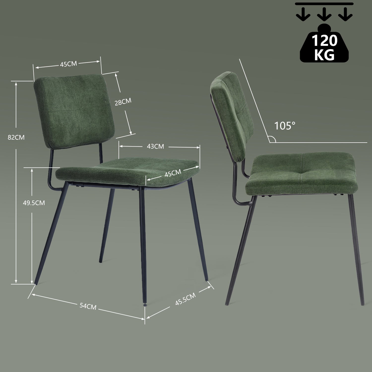 Set of 2 retro vintage industrial dining room chairs in green fabric - KAROMI