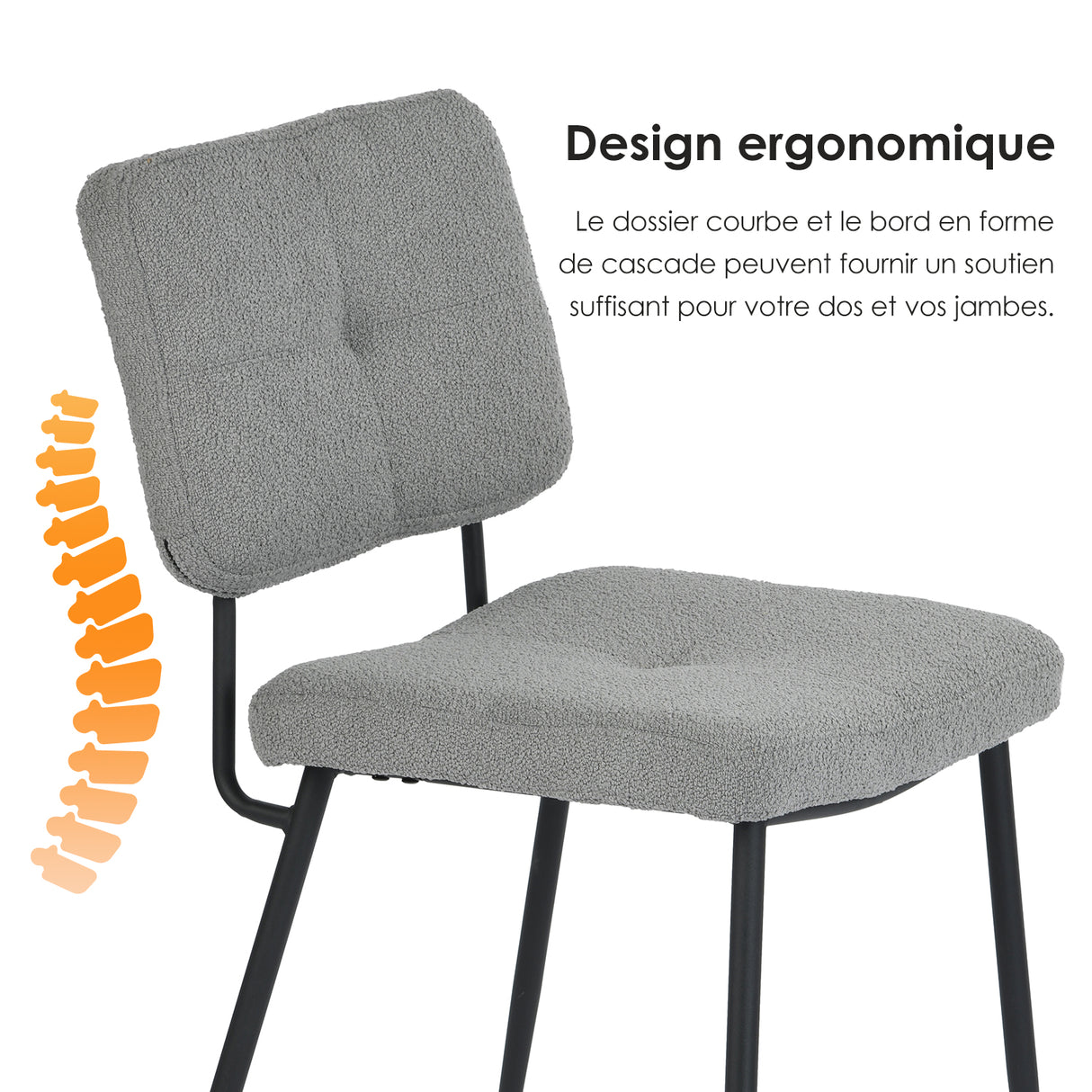 Lot de 2 chaises industrielles de salle à manger avec dossier assise rembourrée en tissu bouclette gris - KAROMI LIGHT GREY BOUCLE