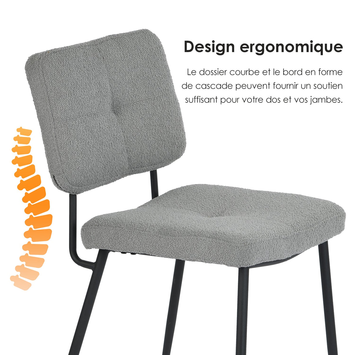 Lot de 4 chaises industrielles de salle à manger avec dossier assise rembourrée en tissu bouclette gris - KAROMI LIGHT GREY BOUCLE 4PCS