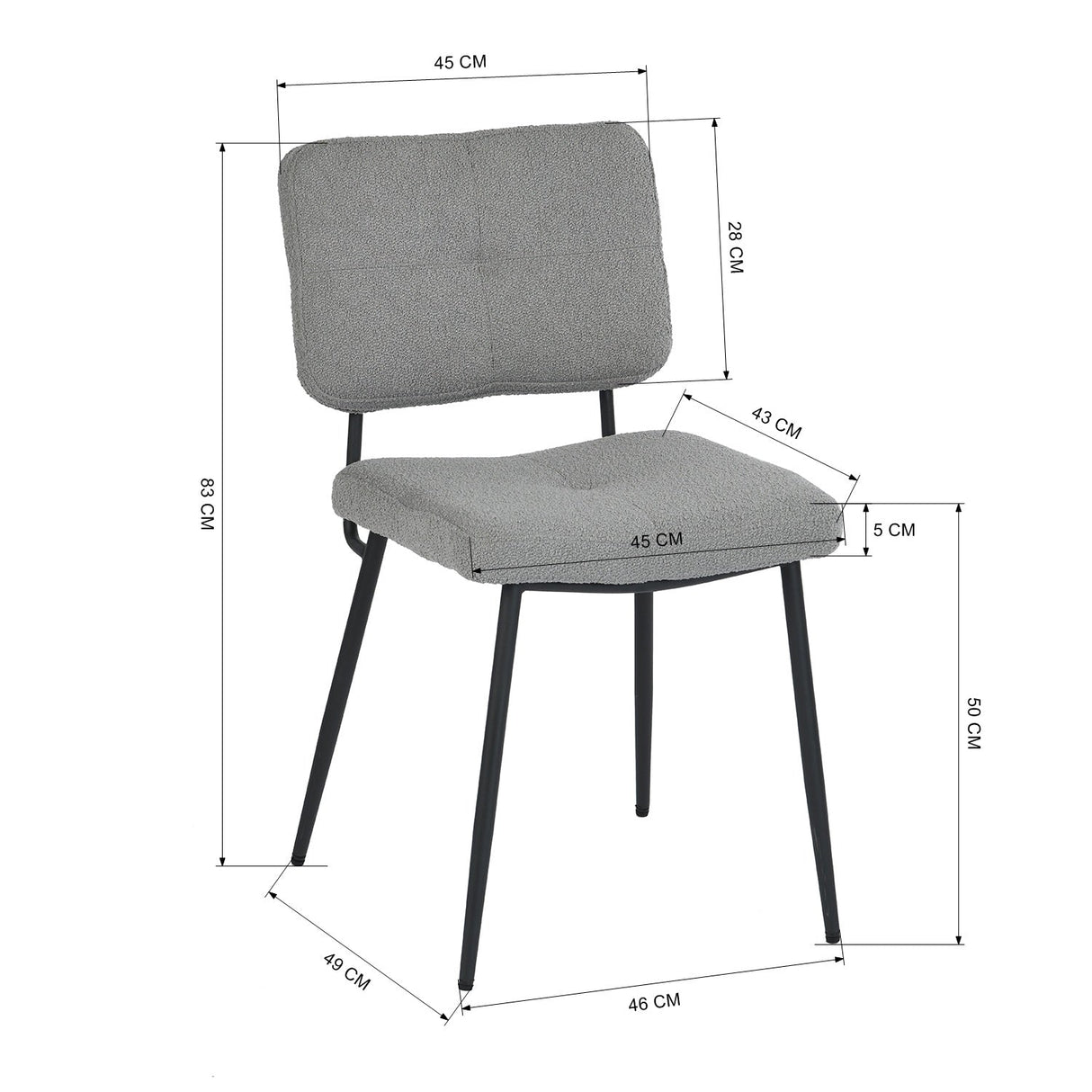 Lot de 4 chaises industrielles de salle à manger avec dossier assise rembourrée en tissu bouclette gris - KAROMI LIGHT GREY BOUCLE 4PCS