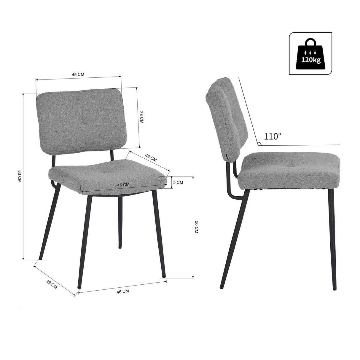 Lot de 4 chaises industrielles de salle à manger avec dossier assise rembourrée en tissu bouclette gris - KAROMI LIGHT GREY BOUCLE 4PCS