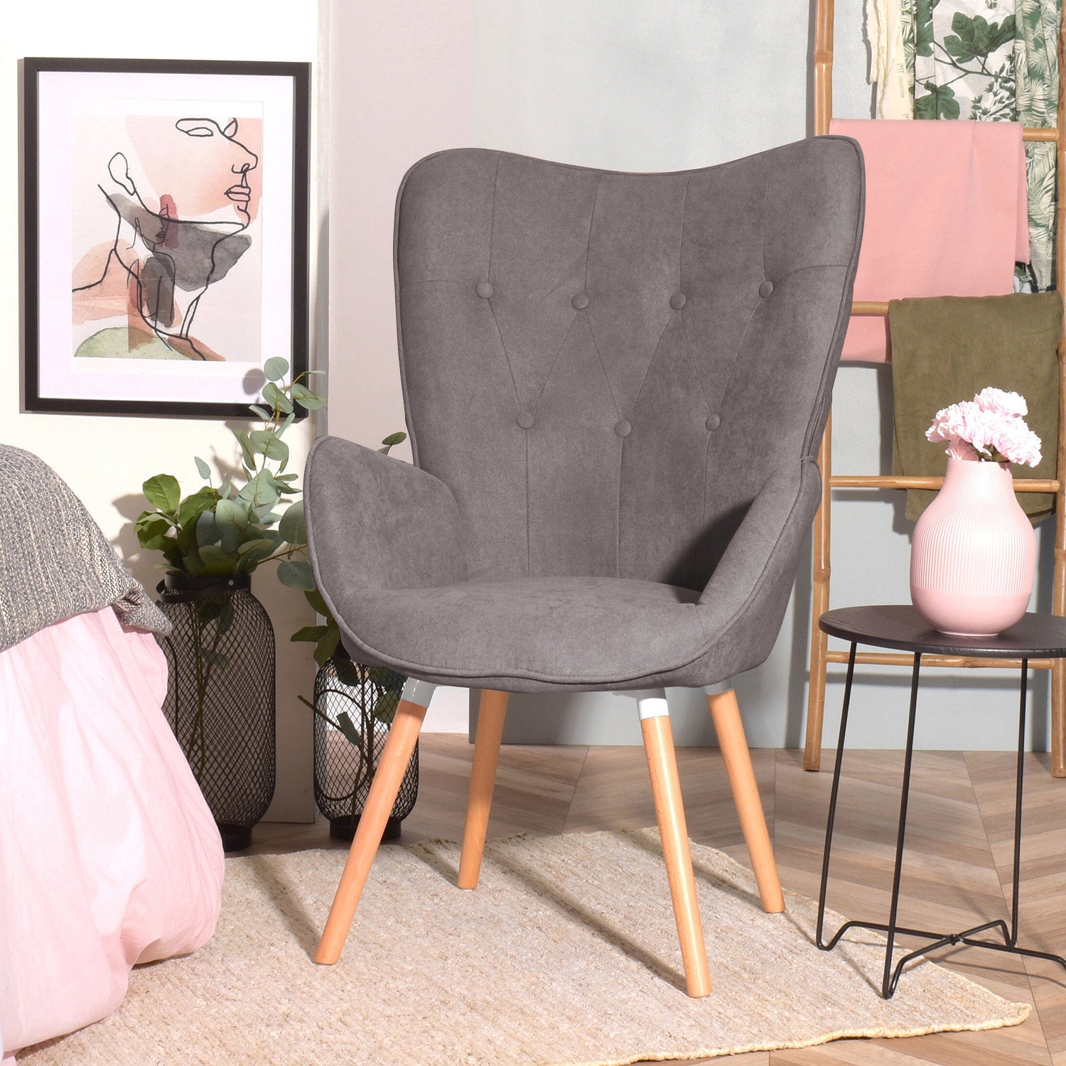 Fauteuil scandinave capitonné dossier confortable avec accoudoirs en tissu gris - KAS GREY FABRIC