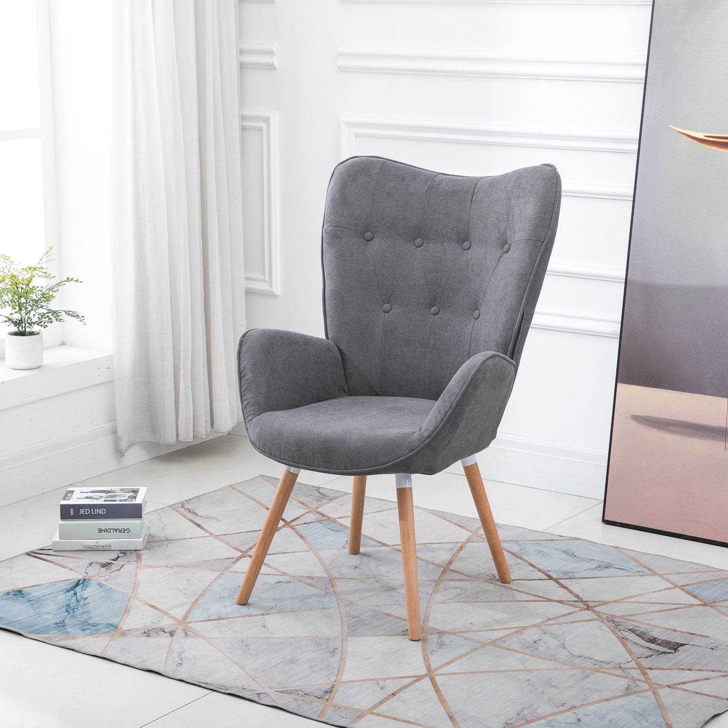 Fauteuil scandinave capitonné dossier confortable avec accoudoirs en tissu gris - KAS GREY FABRIC