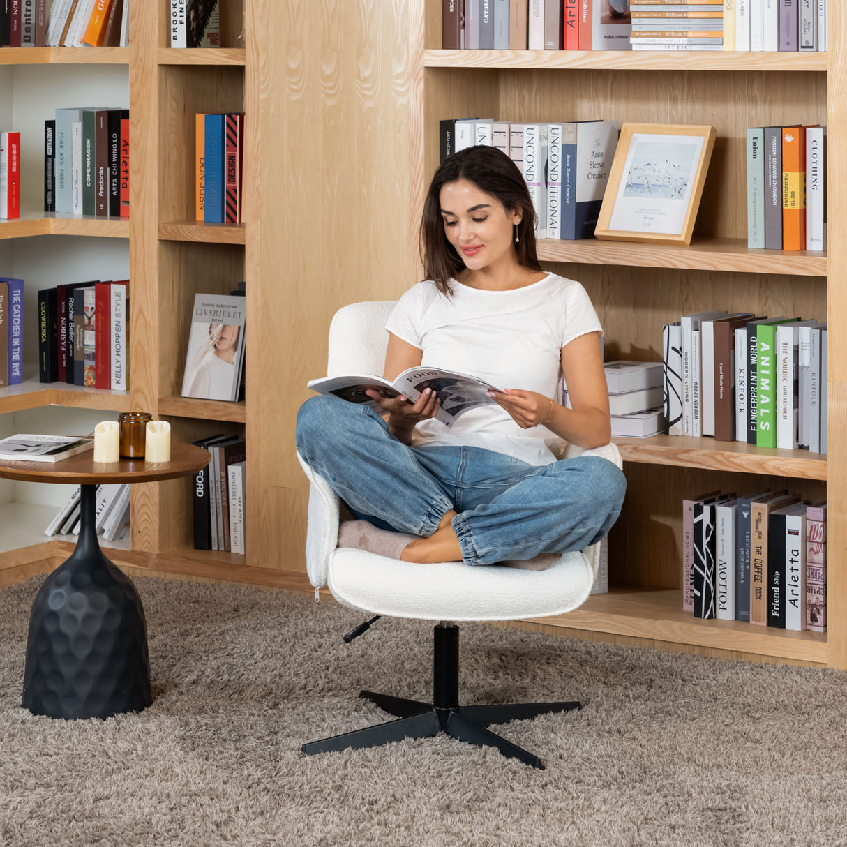 Fauteuil de bureau ergonomique pivotante en tissu bouclette blanc, hauteur réglable - THOMASINA