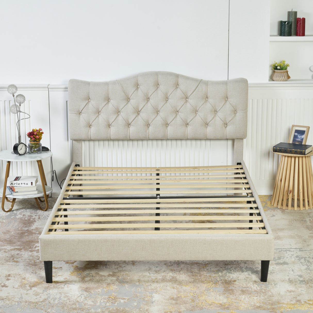 Double bed (140 x 190cm) with padded headboard in beige fabric, poplar slatted base, (mattress not included) - LEON 140 BEIGE