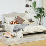 Double bed (140 x 190cm) with padded headboard in beige fabric, poplar slatted base, (mattress not included) - LEON 140 BEIGE