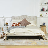 Double bed (140 x 190cm) with padded headboard in beige fabric, poplar slatted base, (mattress not included) - LEON 140 BEIGE