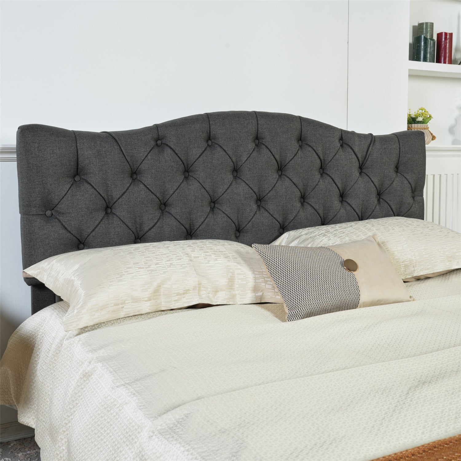 Lit double (140 x 190cm) avec tête de lit capitonnée en tissu gris,sommier à lattes en peuplier (matelas non inclus) - LEON 140 GREY