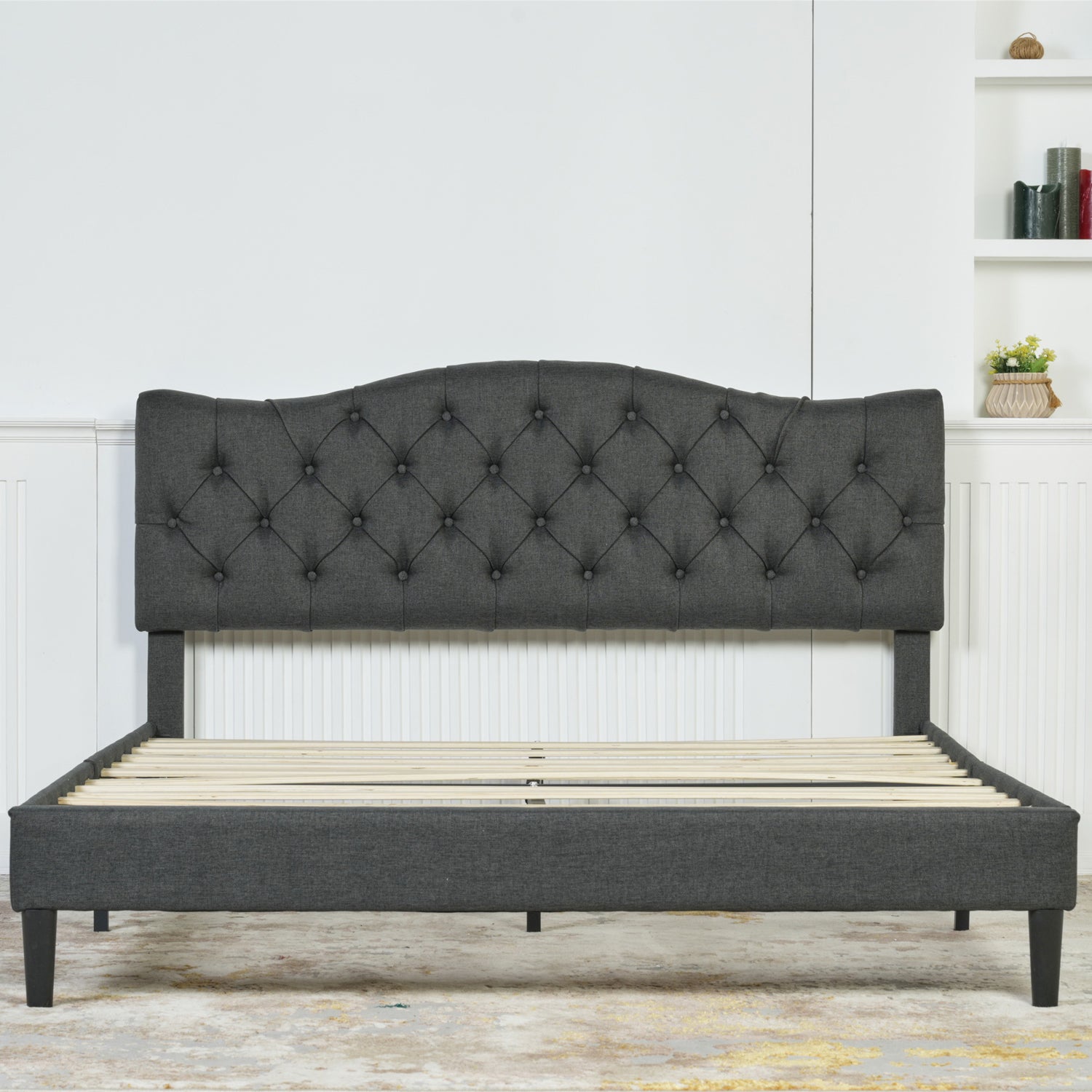 Double bed (140 x 190cm) with padded headboard in gray fabric, poplar slatted base (mattress not included) - LEON 140 GRAY