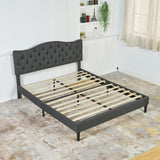 Double bed (140 x 190cm) with padded headboard in gray fabric, poplar slatted base (mattress not included) - LEON 140 GRAY