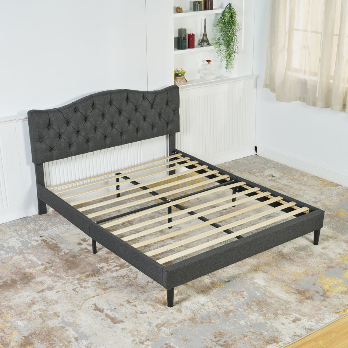 Double bed (140 x 190cm) with padded headboard in gray fabric, poplar slatted base (mattress not included) - LEON 140 GRAY