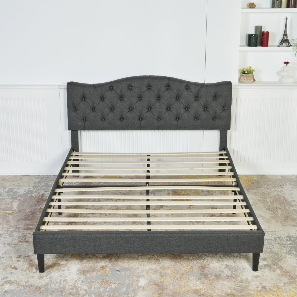 Double bed (140 x 190cm) with padded headboard in gray fabric, poplar slatted base (mattress not included) - LEON 140 GRAY