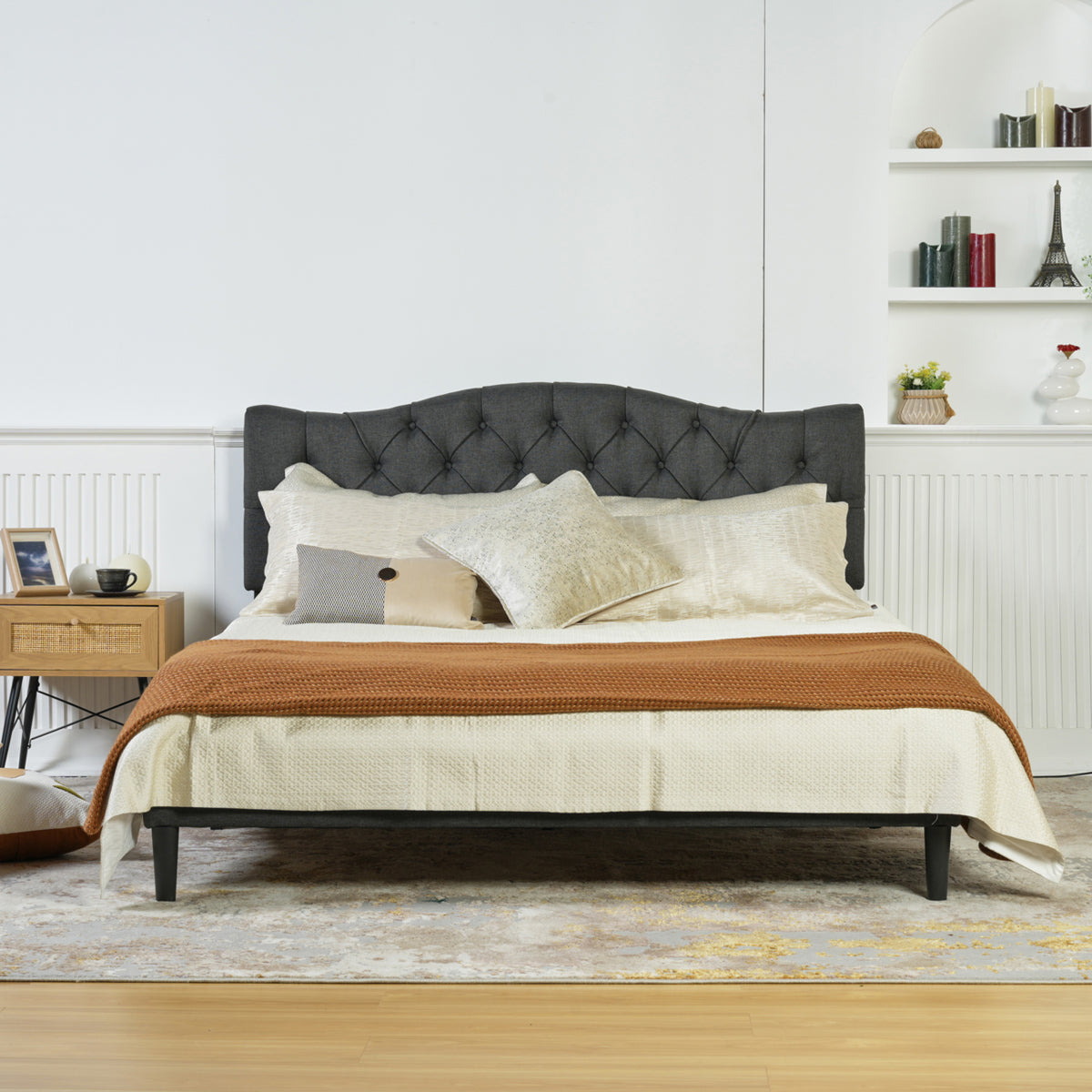 Double bed (140 x 190cm) with padded headboard in gray fabric, poplar slatted base (mattress not included) - LEON 140 GRAY