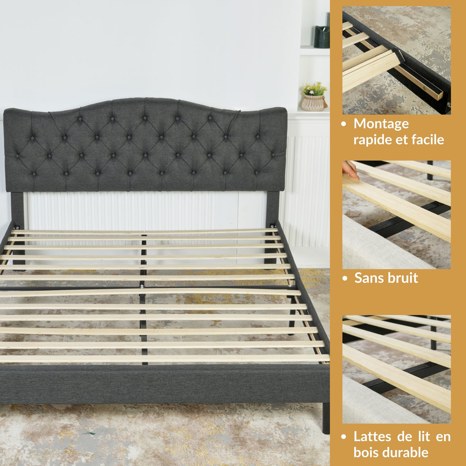 Lit double (160 x 200cm) avec tête de lit capitonnée en tissu gris, sommier à lattes en peuplier (matelas non inclus) - LEON 160 GREY