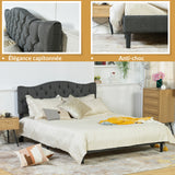 Double bed (140 x 190cm) with padded headboard in gray fabric, poplar slatted base (mattress not included) - LEON 140 GRAY