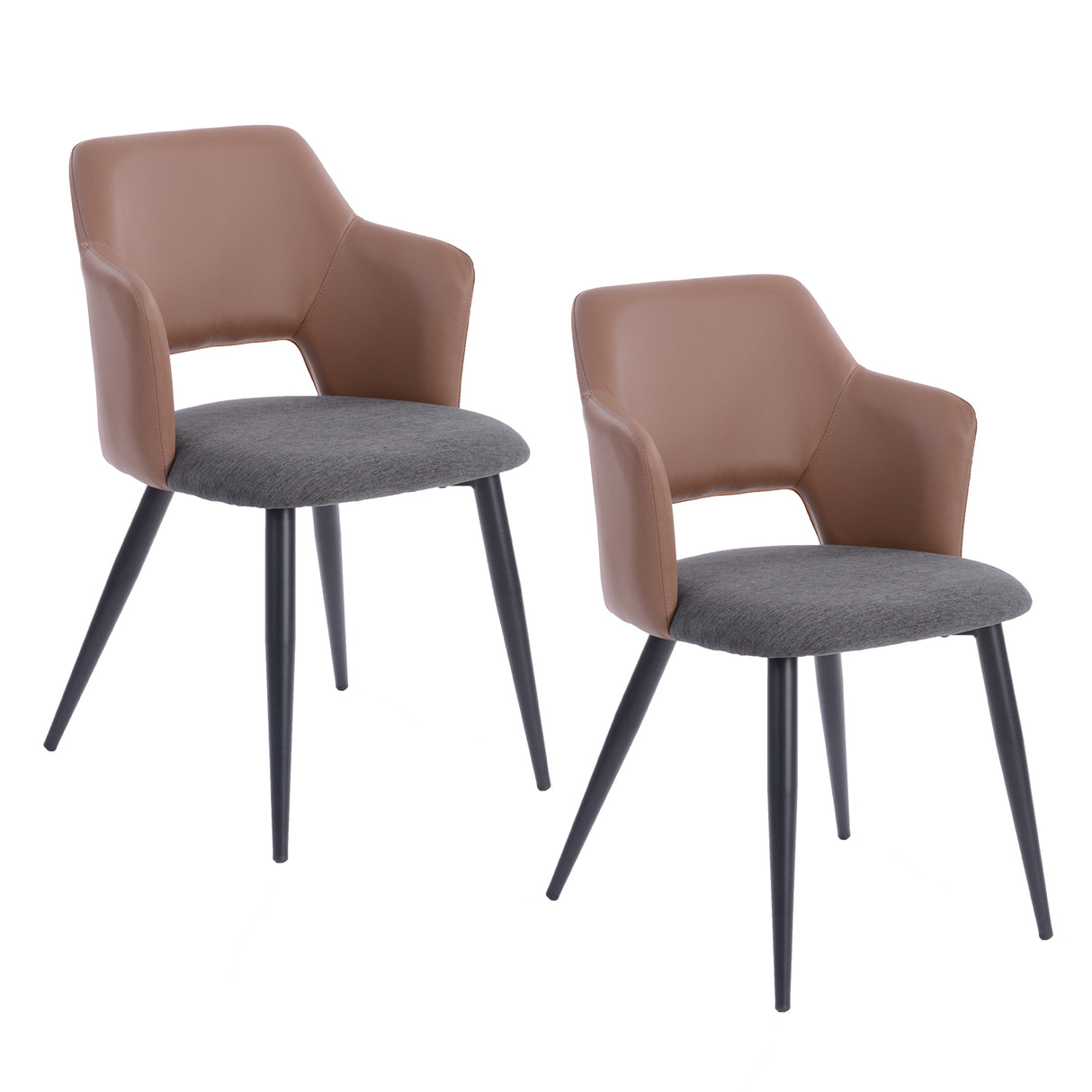 Lot de 2 chaises industrielles de salle à manger avec accoudoirs, siège rembourré en similicuir PU marron et tissu gris, AKANJI 2PCS PU BACK