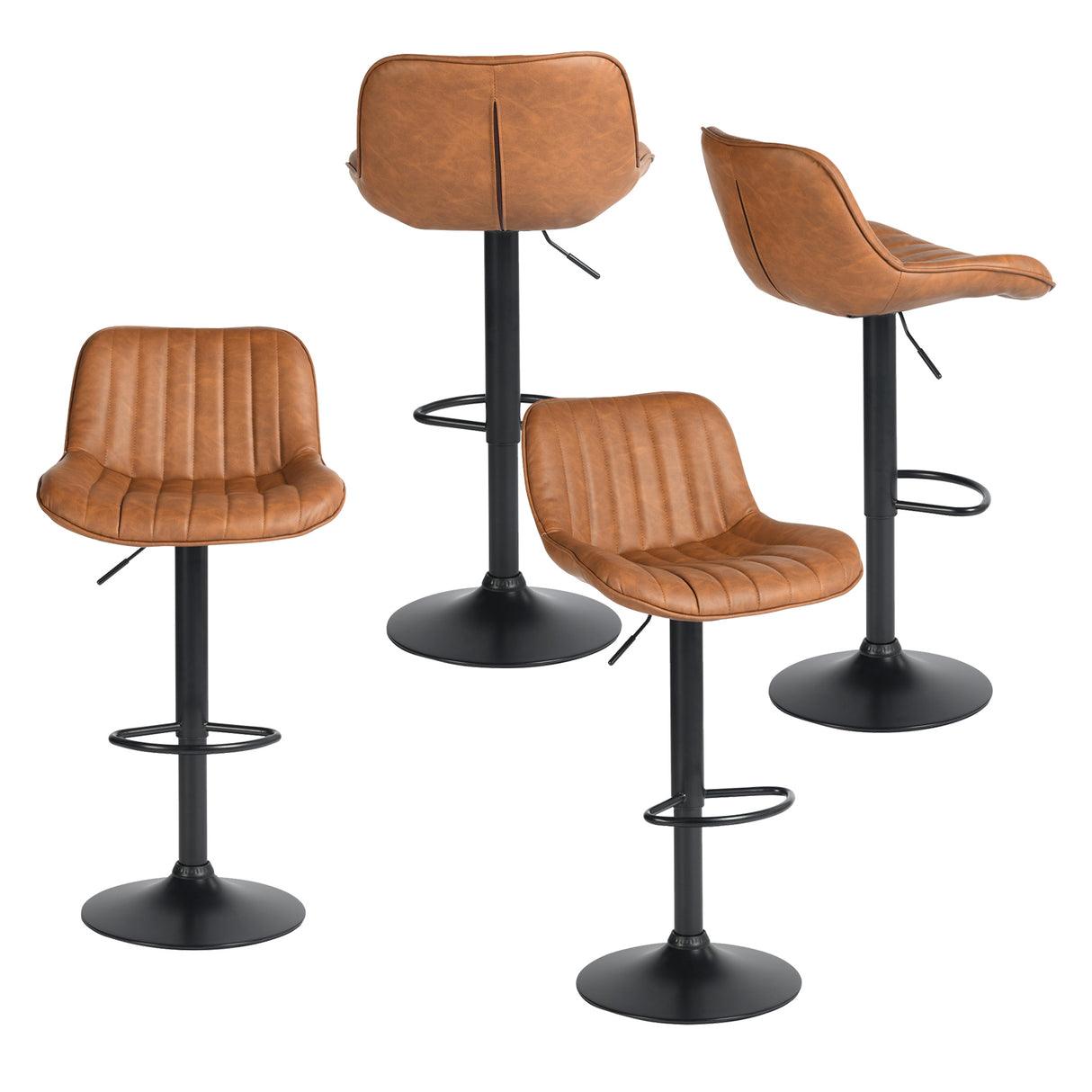 Lot de 4 tabourets de bar pivotants 360° réglables en hauteur, similicuir PU Marron Vintage avec dossier et repose-pieds, base en métal noir  - TACELS BROWN 4PCS