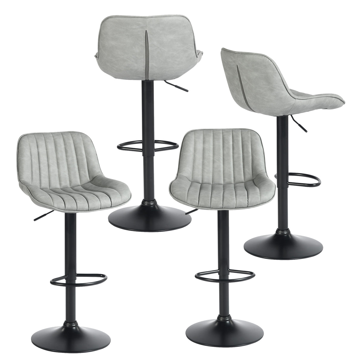 Lot de 4 tabourets de bar pivotants 360° réglables en hauteur, similicuir PU gris vintage avec dossier et repose-pieds, base en métal noir  - TACELS GREY 4PCS