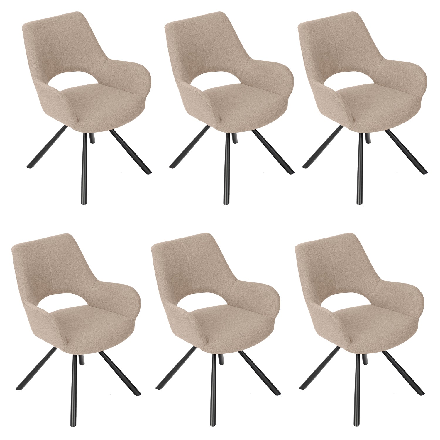 Lot de 6 chaises de salle à manger contemporaines en tissu brun, pieds en métal noir - BETH FABRIC LIGHT BROWN 6PCS