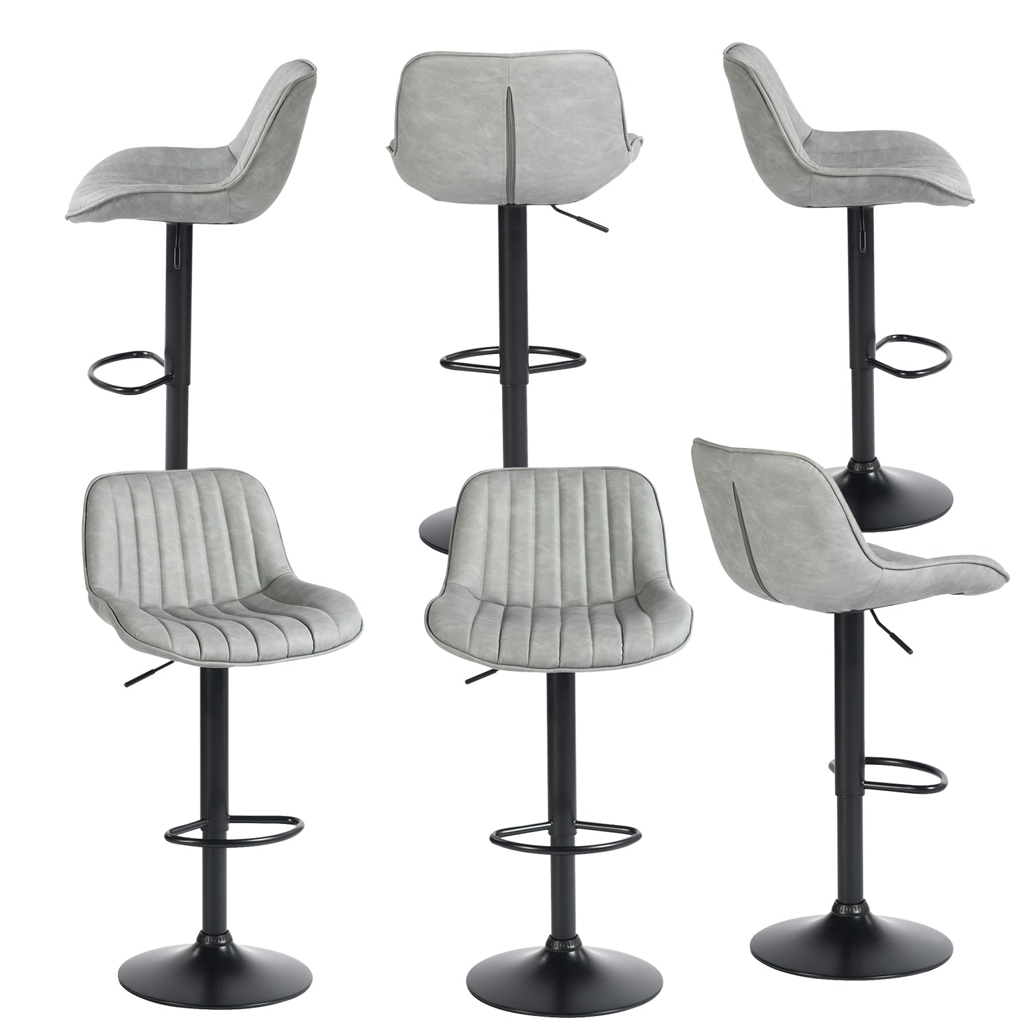 Juego de 6 Taburetes de Bar Giratorios con Altura Ajustable 360°, Cuero Sintético de PU Gris Vintage con Respaldo y Reposapiés, Base de Metal Negro - TACELS GREY 6PCS